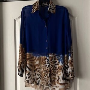 Blue and Leopard Print Button-Up Blouse